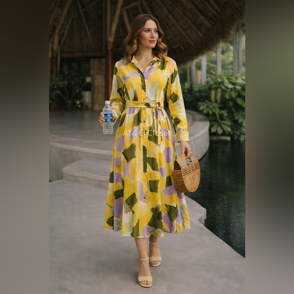 French Connection Dresses & Skirts - French Connection Long Shirt Dress Multicolor Abstract Print Size L New With Tag